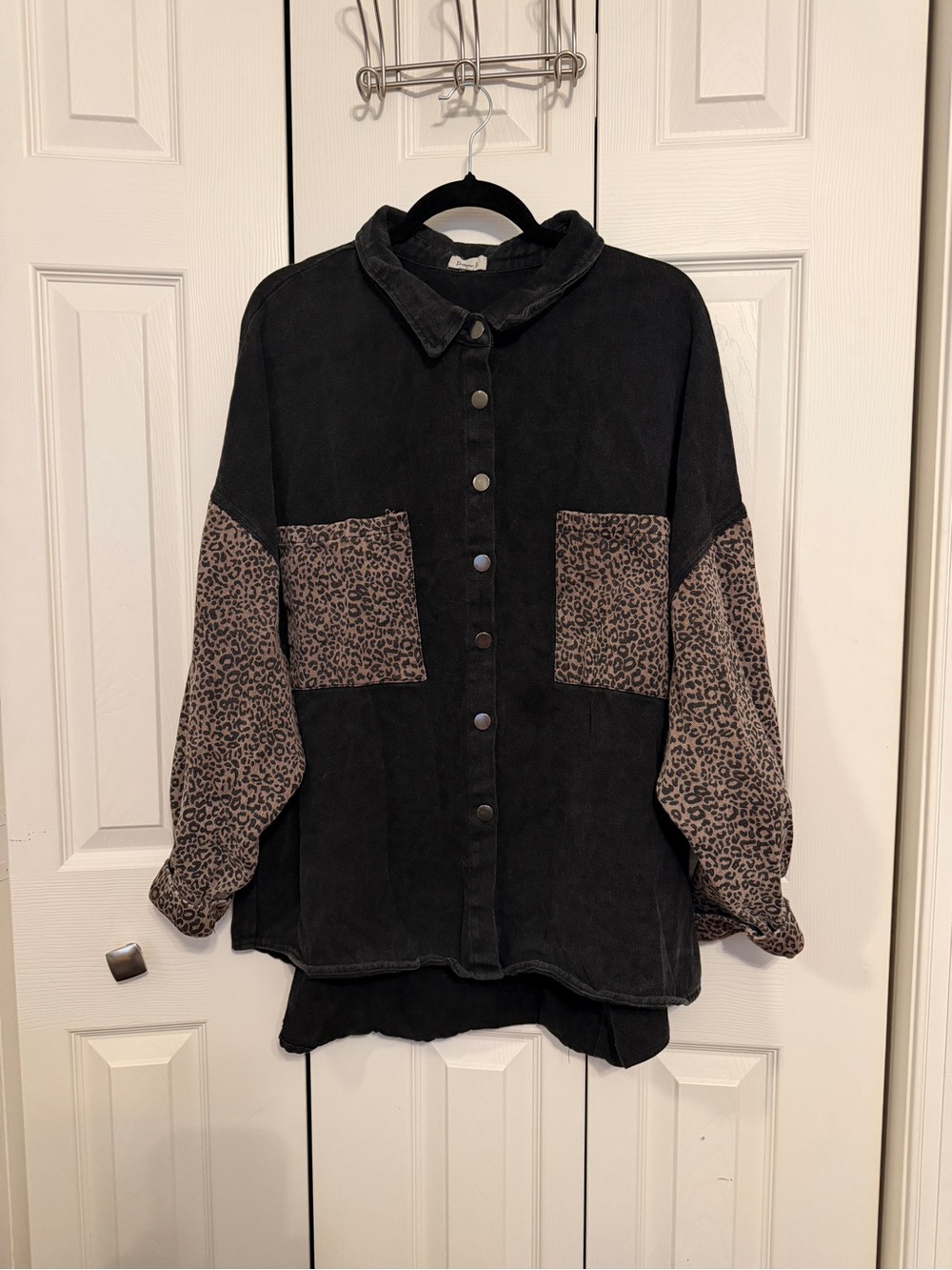 POL Oversized Black Leopard Print Button Up Shacket Shirt Jacket XL
